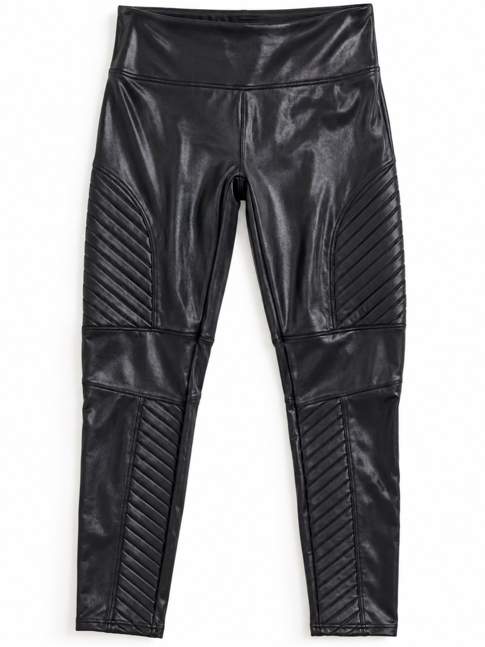 SPANX Faux Leather Moto Leggings Medium Black Ribbed Panels